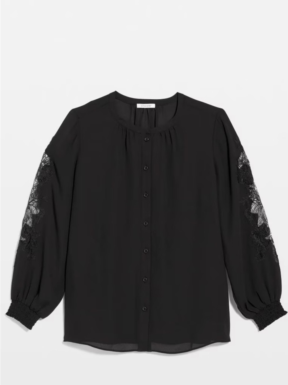 Chico’s Black Lace-Sleeve Button Front Blouse